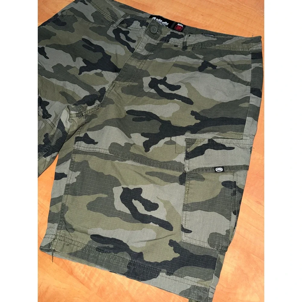 Ecko Unltd Mens Camo Cargo Shorts Size 38 Green Woodland Ripstop Utility Y2K